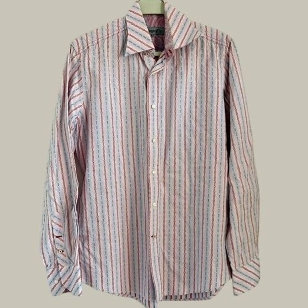 Dragonfly‎ Mens Pink Striped Button Down Shirt Paisley Trim Medium Long Sleeve